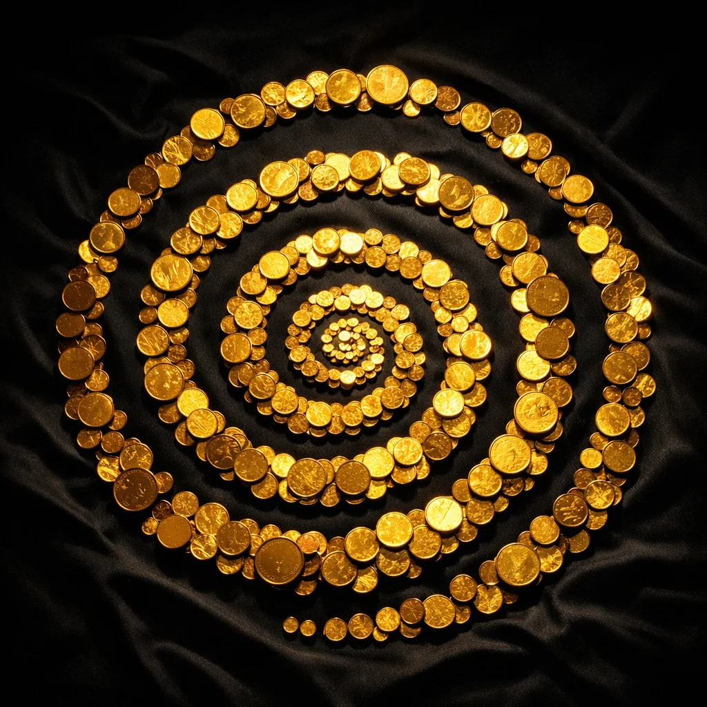 Gouden munten cascade op zwart fluweel KokoBet